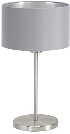 EGLO Tischlampe Maserlo, 1 flammige Textil Tischleuchte, Nachttischlampe aus Stahl und Stoff, Farbe: Nickel matt, grau, silber, Fassung: E27, inkl. Schalter