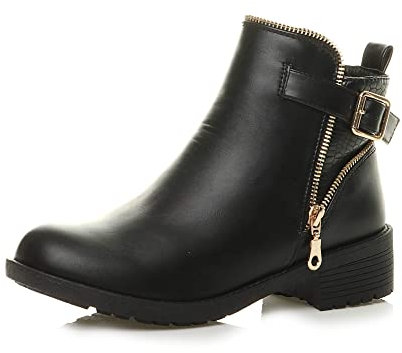 Donna basso medio tacco fibbia cerniera lampo biker stivali alla caviglia numero 5 38