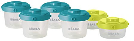 BÉABA, Lot de 6 Portions Conservation, Clip, Pots empilables et clipsables, 100% hermétique, Graduation, Congélation, 1er Âge, 60 ml & 120 ml, Bleu/Néon