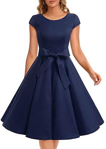 Dressystar Damen Vintage 50er Cap Sleeves Dot Einfarbig Rockabilly Swing Kleider XXXL Marineblau