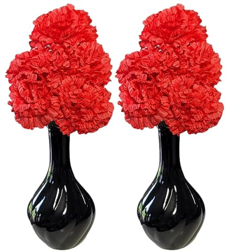 Flourish Vase with Artificial Flowers - Red Black - Perfect for Home Decor and Living Room Accessorie, Bedroom or Bathroom Ornament, MATCHING PAIR.