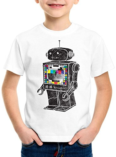 style3 Sheldon Testbild Roboter Kinder T-Shirt, Farbe:Weiß;Größe:128