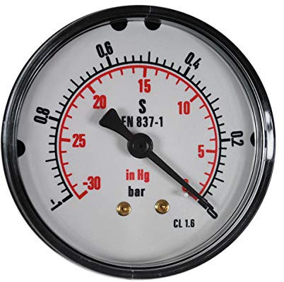 HELO '175330-5' Druckluft Manometer -1-0 bar + psi Messer, 63 mm Ø, 1/4 Anschlussgewinde hinten für gasförmige und flüssige Medien