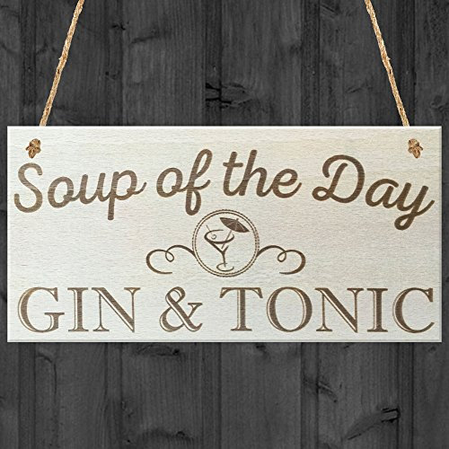 RED OCEAN Soup Of The Day Gin & Tonic Novelty Wooden Hanging Plaque Alcohol Joke Gift Sign