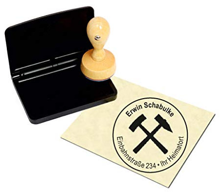 Bergbau Zunftzeichen Stempel mit Adresse und Eisen/Schlägel Motiv - runder Glück Auf Adressenstempel inkl. Stempelkissen Ø 40 mm