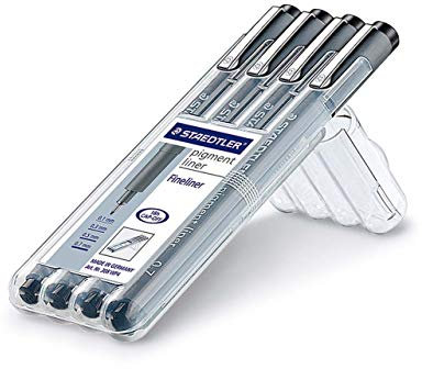 STAEDTLER schwarze pigment liner in unterschiedlichen Linienbreiten, dokumentenechte Pigmenttinte, lange Metallspitze, lange Lebensdauer, 4 Liner in 4 Linienbreiten in stabiler STAEDTLER-Box, 308 WP4