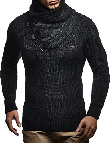 Leif Nelson Herren Strick-Pullover Schalkragen Slim Fit Winter Sommer Moderner Männer schwarzer Pulli T-Shirt Langarm mit Kragen Herren Hoodie-Wollpullover 5195 Schwarz-Anthrazit XX-Large