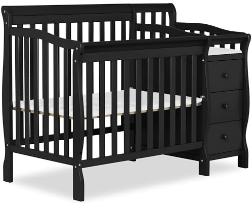 Dream On Me Jayden 4‑in‑1 Mini Convertible Baby Crib & Changer with Storage in Black, Pinewood, GreenGuard Gold & BSA, 1” Mattress Pad, 3 Mattress Heights, Converts to Mini Day & Twin-Size Bed