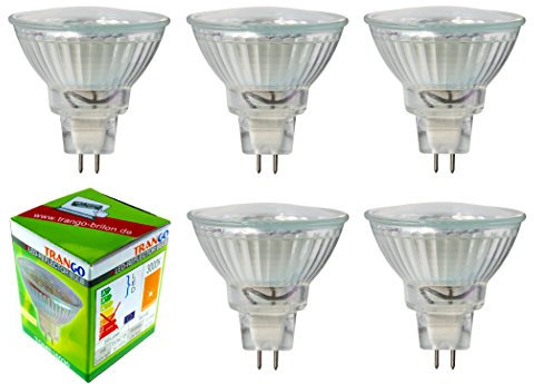Trango 5er Set MR16030 LED Leuchtmittel mit MR16 Fassung zum Austausch von herkömmlichen Halogen Leuchtmittel MR16 I GU5.3 I G4 12 Volt 3000K warmweiß Glühlampe, Reflektor Lampe
