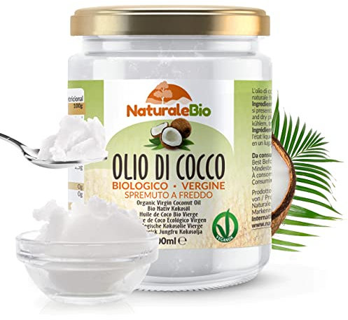 NaturaleBio Huile de Coco Bio Vierge 200 ml. Crue et Pressée à Froid. Organique et Naturel. Huile Bio Native Non Raffinée. Pays d'origine Sri Lanka.