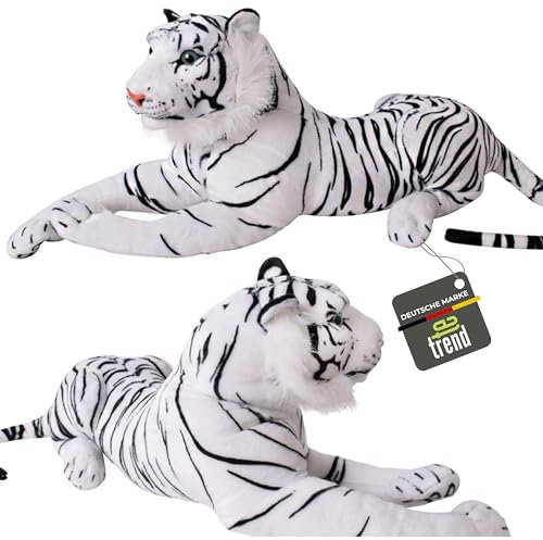TE-Trend Plüschtier weißer Tiger Kuscheltier Stofftiger lebensechte Raubkatze liegend Dschungel Steppe 80 cm weiß schwarz getigert