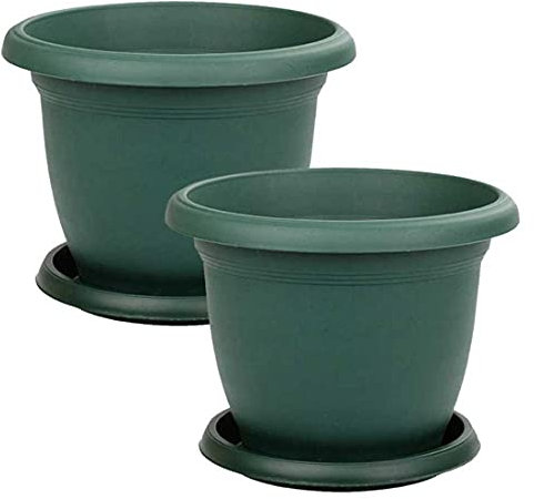 Maceta Redonda Grande 48 cm diámetro, Set 2 Unidades, Maceta con Plato, 35 litros, Macetero (Verde)