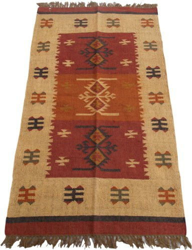 GURU SHOP Orientalischer Grob Gewebter Kelim Teppich 160x90 cm - Muster 6, Elfenbein, Leinen, Teppiche, Bodenmatten
