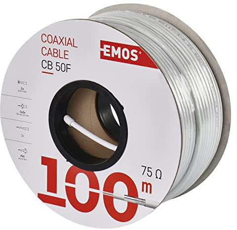 EMOS 100m White Coaxial Cable, Type CB50F, Double Shielded, 75 dB Shielding, 75 Ohm Resistance, Suitable for TV, SAT, CCTV, Digital Compatible, Supports HDTV 1080p/4K, 100m Length
