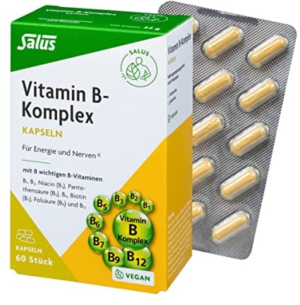 Salus - Vitamin-B-Komplex - 1x 60 Kapseln (22 g) - Nahrungsergänzungsmittel für Energie und Nerven - Vitamine B1, B2, Niacin (B3), Pantothensäure (B5), B6, Biotin (B7), Folsäure (B9) und B12 - vegan