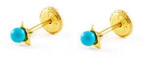 Pendientes Bebe Oro Amarillo 18 Kilates (18K) Estrella Turquesa 2,5 mm Brillo - Certificado Garantía - Mondepetit - 1767