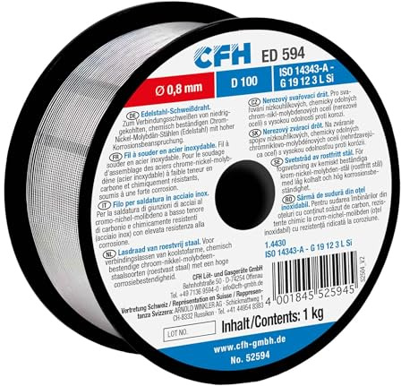 CFH Edelstahl-Schweißdraht Ø 0,8 mm ED 594 – 1 kg Spule, D 100, MIG/MAG Schweißdraht für CrNiMo-Stähle mit hoher Korrosionsbeständigkeit, zum Schutzgasschweißen, 1.4430, ISO 14343-A - G 19 12 3 L Si