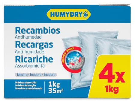 Sonder-Set mit 4 Nachfüllbeutel für Luftentfeuchter – Ideal für Schränke, Badezimmer und Räume – Räume bis zu 35 m2 – 1-Kilo-Beutel – Duft: Neutral – Humydry