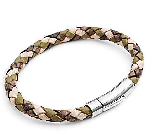 Tribal Steel Camo Plaited Leather Bracelet for Men - Mens 21cm Leather Bracelet with Riveted Stainless Steel Rocker Clasp