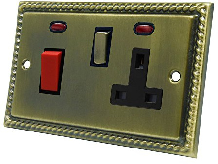 Georgian Antique Brass Cooker Control Unit - 45A Cooker Switch with 13A Switched Plug Socket and Neon Indicators 2-Gang Plate