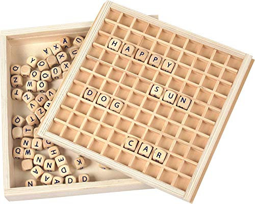 small foot 7988 Wörter Legen aus Holz, Lernhilfe zum Buchstabieren mit 145 Buchstabenwürfeln, ab 6 Jahren, ca. 19 x 18 x 3 cm