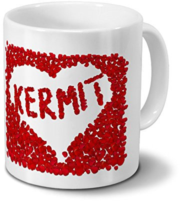 Tasse mit Namen Kermit - Motiv Rosenherz - Namenstasse, Kaffeebecher, Mug, Becher, Kaffeetasse - Farbe Weiß