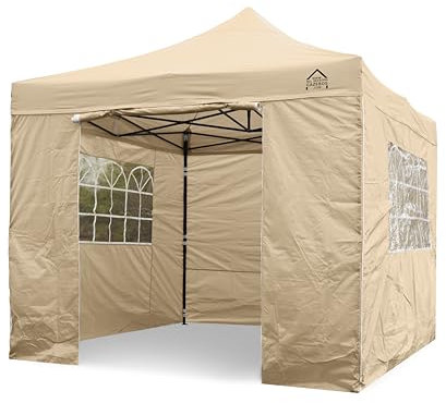 All Seasons Gazebos | 3x3m Pop Up Gazebo mit 4 Seitenwänden, Zubehörpaket & Rolltasche | Schwerlast, vollständig wasserdicht, hochwertige Materialien (Beige)