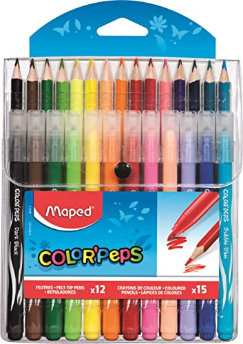 Maped - Combo Pack Coloriage Jungle Color’Peps - 15 crayons de couleur Vives + 12 Feutres Lavables et Résistants au Séchage - Pointe Moyenne Bloquée - Pochette Plastique Refermable