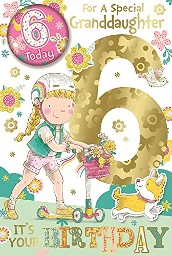Cards Galore Online Granddaughter 6th Birthday Card and Badge 6 Today Girl on Scooter 9x6
