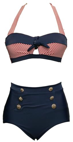 Bslingerie® Femme Dos Nu Taille Haute Maillots de Bain Ensembles Deux pièces (XL, Rayé Rouge)