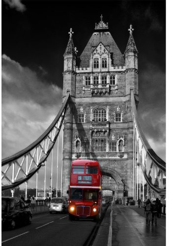 Poster / Leinwand - London Tower Bridge - Bus Red London - England - 30 x 40 cm - Fotopapier