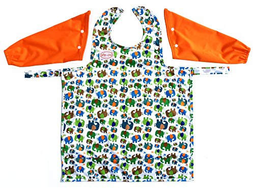 BIB-ON, A New, Full-Coverage Bib and Apron Combination for Infant, Baby, Toddler Ages 0-4. (Elephants with Long Sleeves)