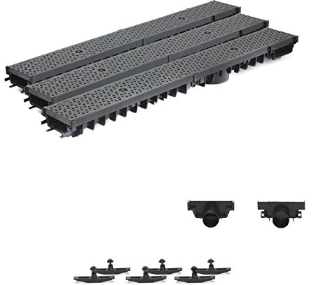 3m Entwässerungsrinne Terrassenrinne Stegrost Kunststoff komplett SET, System A15 70mm, Schwarz Decor, NEUHEIT Rinne mit integrierter Dichtung Klick System