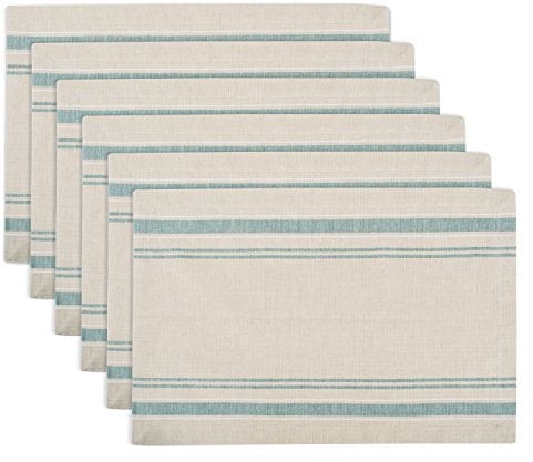 DII French Stripe Dining Table Collection Farmhouse Style Placemat Set, 13x19 Inches, Taupe/Teal, 6 Piece
