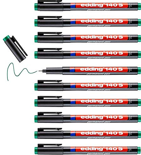 edding 140 S permanent pen - green - 10 pens - round nib 0.3 mm - pen for writing on glass, plastic, foils and smooth surfaces - permanent, quick-drying, smudge-proof and waterproof