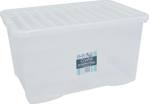 Wham Crystal 3x 60L stackable and nestable clear Plastic Storage Boxes with Lids. Clear, Deep, Strong, Made in the UK dimensions of 60 cm X 40 cm X 33 cm