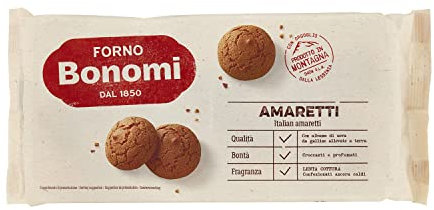 Forno Bonomi Amaretti, biscotti secondo la tradizione confezionati realizzati con i migliori prodotti naturali. Protagonisti della tua colazione o dei tuoi dolci preferiti. Confezione da 200g