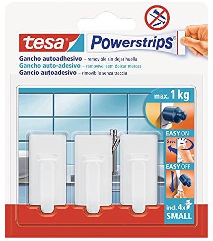 Tesa 57530-00014-01 Ganchos Adhesivos Blancos Powerstrips, 3 Unidades + 4 Tiras Adhesivas