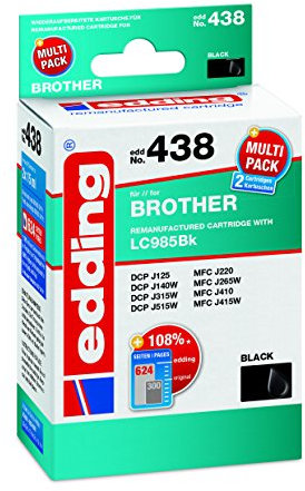 edding Druckerpatrone EDD-438 - Doppelpack - 2x Schwarz - 2x 15 ml - Reichweite 2x 620 Seiten - Ersetzt Brother LC985BK