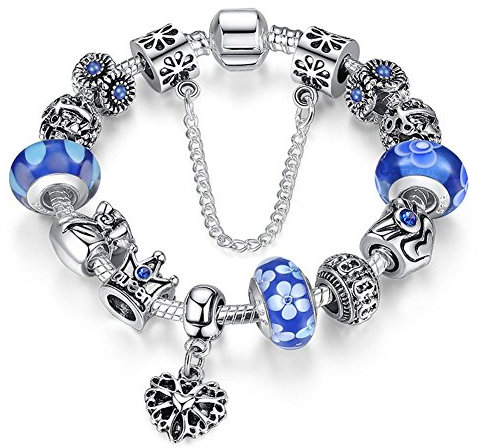 A TE® Charm Pulsera Abalorio Murano Cristal Vidrio Perlas con Cadena de Seguridad Chapado Blanco Oro #JW-B110 (Azul)
