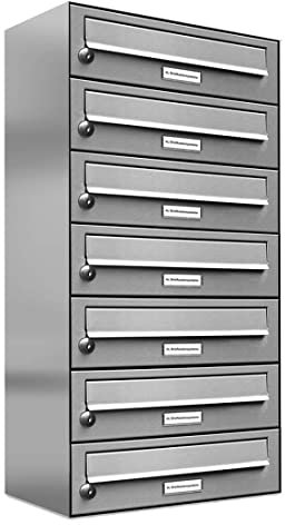 AL Briefkastensysteme 7er Briefkastenanlage, V2A Edelstahl, Premium Briefkasten DIN A4, 7 Fach Postkasten modern Aufputz