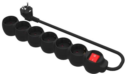 SIMON - Base Múltiple, Regleta de Enchufe Plano, 6 Tomas de 16A, Ladrón de Enchufes con Toma de Tierra e Interruptor ON/OFF, Cable de 1,5 Metros, Color Negro