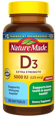 Nature Made Vitamin D3 5000 IU (125 mcg) Softgels, Extra Strength Vitamin D Supplement for Bone and Immune Health Support, 180 Count, 180 Day Supply