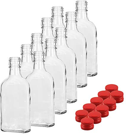 10 Pocket Flask Bottles 200ml with RED Screw caps for Wine, Whisky or Spirits
