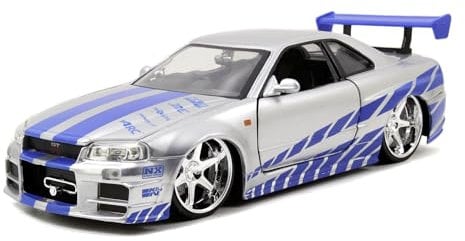 Jada Toys Fast & Furious Brian's 2002 Nissan Skyline GTR-R R34, Auto, Spielzeugauto aus Die-cast, öffnende Türen, Kofferraum & Motorhaube, Maßstab 1:24, Silber
