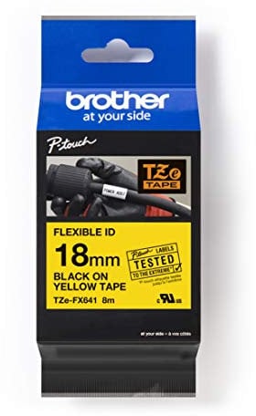 Brother Original P-touch Flexi-Schriftband TZE-FX641 18 mm, schwarz auf gelb (u.a. für Brother P-touch PT-H100LB/R, -H105, -E100/VP, -D200/BW/VP, -D210/VP) zur Kabel- und Rohrbeschriftung, laminiert