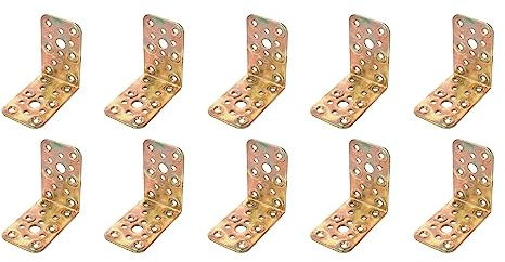 Amig - Pack mit 10 flachen Winkeln für Holzkonstruktionen | 90-Grad-Ecksupports | Montageklammern | Befestigung für Möbel, Schränke oder Tische | Stahl | Goldene Farbe | 80 x 50 x 2,2 mm.