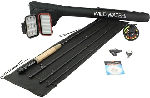 Wild Water Standard Fly Fishing Combo Starter Kit, 5 or 6 Weight 9 Foot Fly Rod, 4-Piece Graphite Rod with Cork Handle, Accessories, Die Cast Aluminum Reel, Carrying Case, Fly Box Case & Fishing Flies