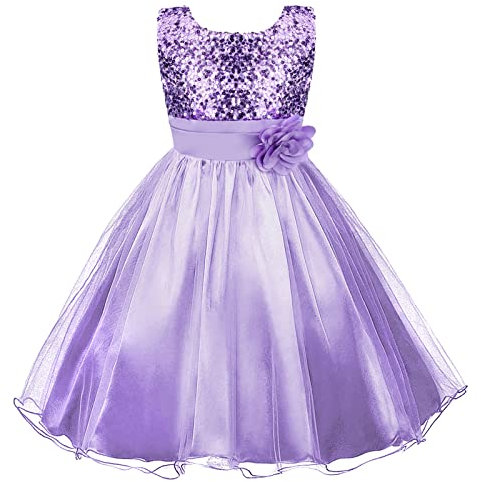 Discoball Girls Princess Dress Sequin Tulle Flower Pageant Birthday Party Wedding Bridesmaid Girl Dresses for 3-12 Year Purple