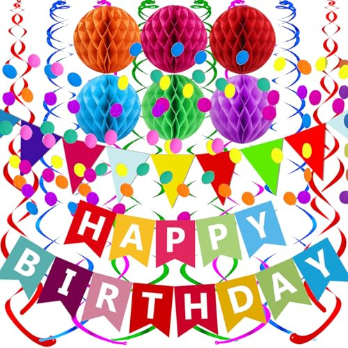 Fecedy Happy Birthday Banner With Colorful Paper Flag Bunting Paper Circle Confetti Garland Swirl Streamers Honeycomb ball for Birthday Party Decorations